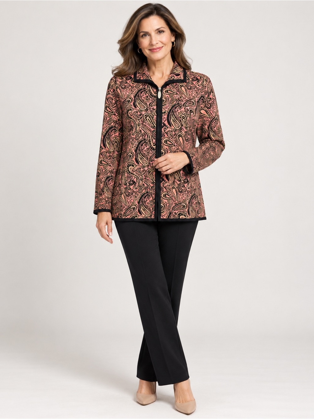 Misook Paisley Knit Zip Front Jacket Cardigan Pink Black Size L